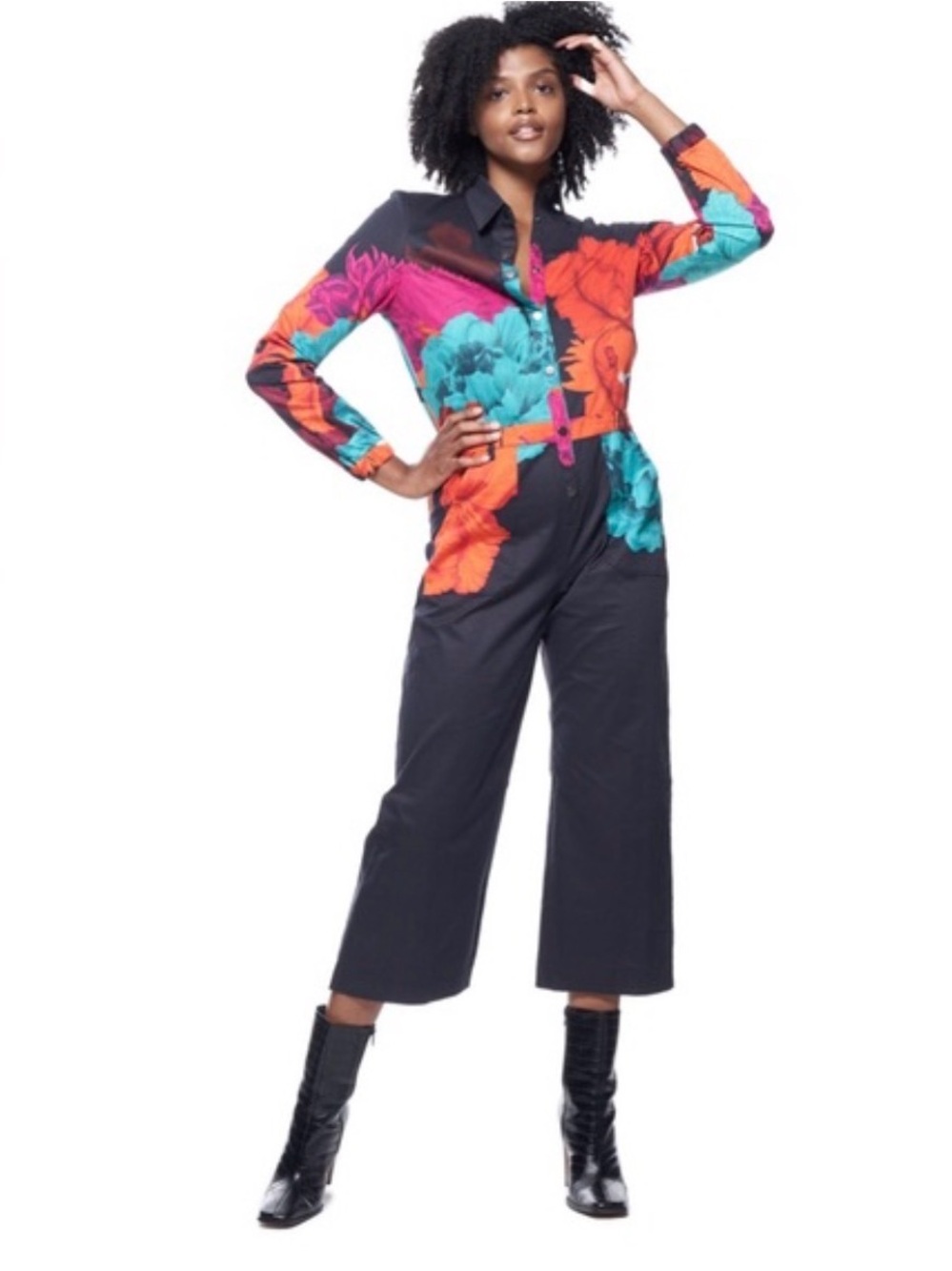 The Kit Alex Jumpsuit in Multi Iris medium  orange blue missing belt